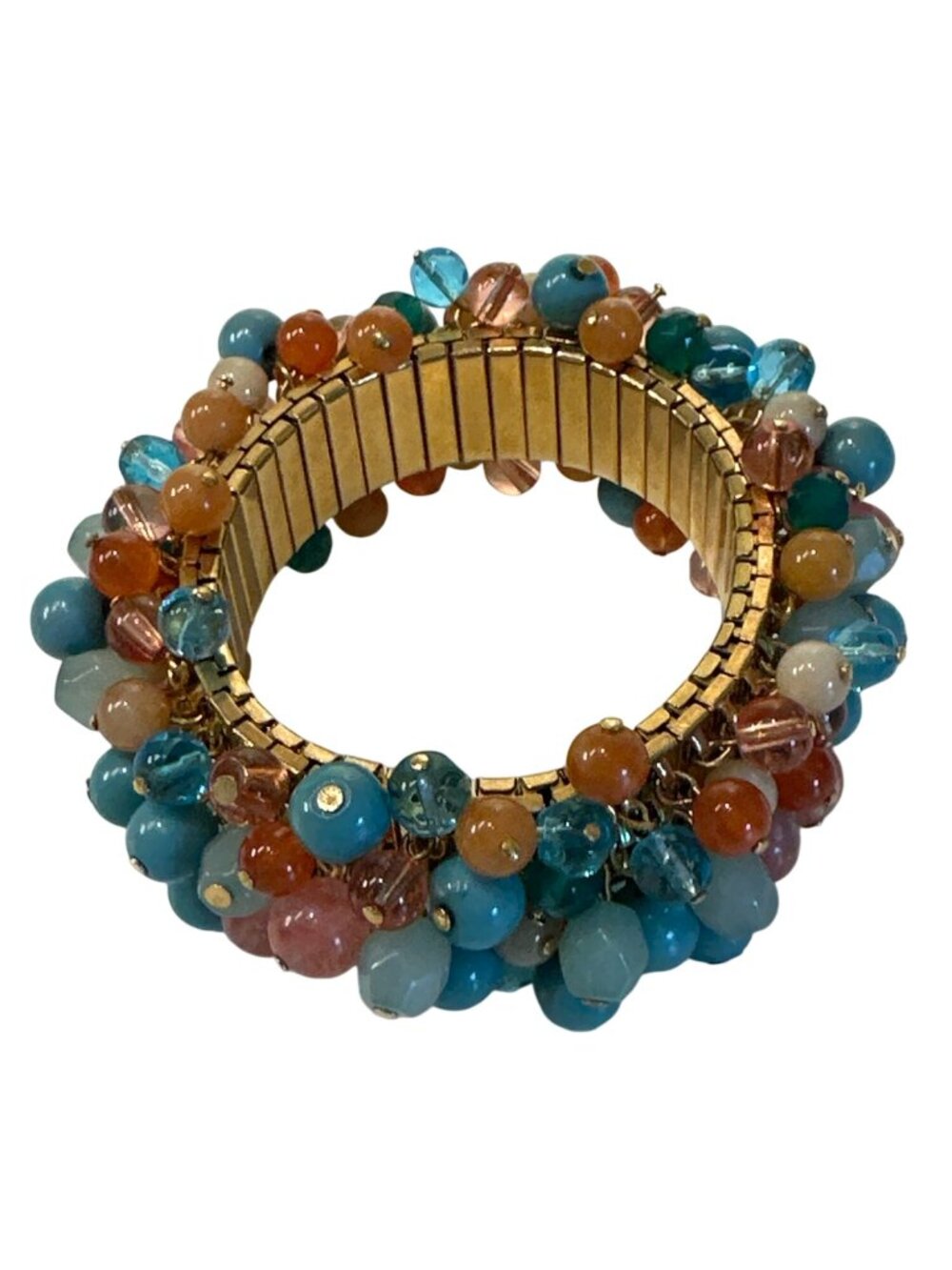 Beaded Stretch Bracelet Gold-Tone Base Vibrant Aqua & Pink Beads Chunky Artsy